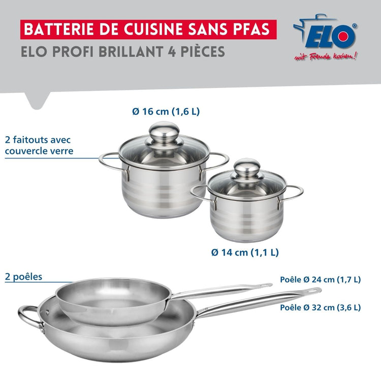 Ensemble de 2 Poêles de cuisson 24 et 32 cm et 2 faitouts 14 et 16 cm Elo Profi Brillant