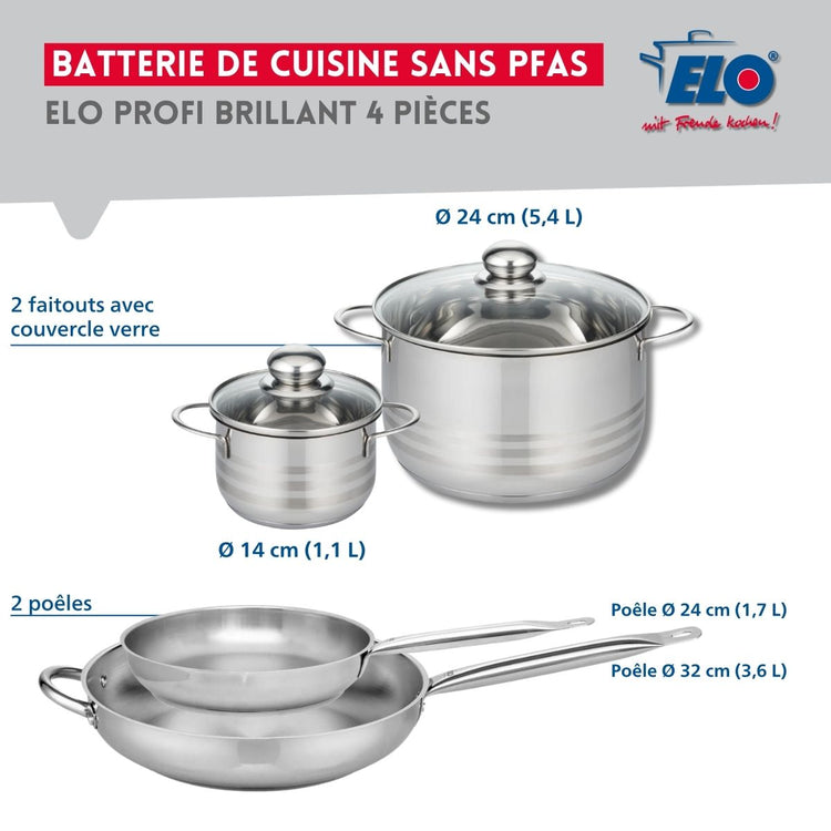 Ensemble de 2 Poêles de cuisson 24 et 32 cm et 2 faitouts 14 et 24 cm Elo Profi Brillant