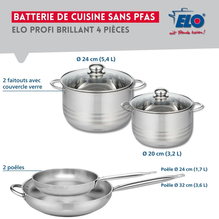 Ensemble de 2 Poêles de cuisson 24 et 32 cm et 2 faitouts 20 et 24 cm Elo Profi Brillant