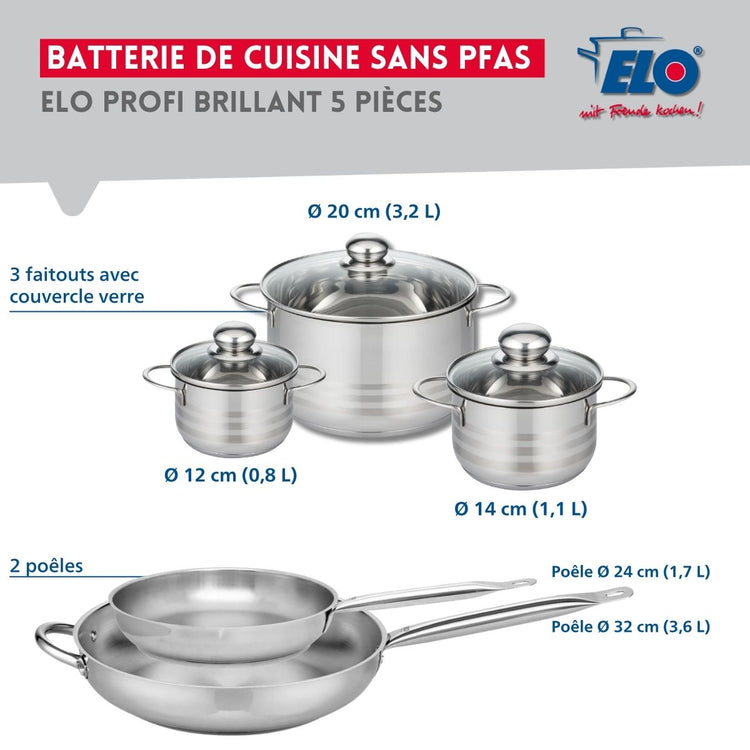 Ensemble de 2 Poêles de cuisson 24 et 32 cm et 3 faitouts 12, 14 et 20 cm Elo Profi Brillant