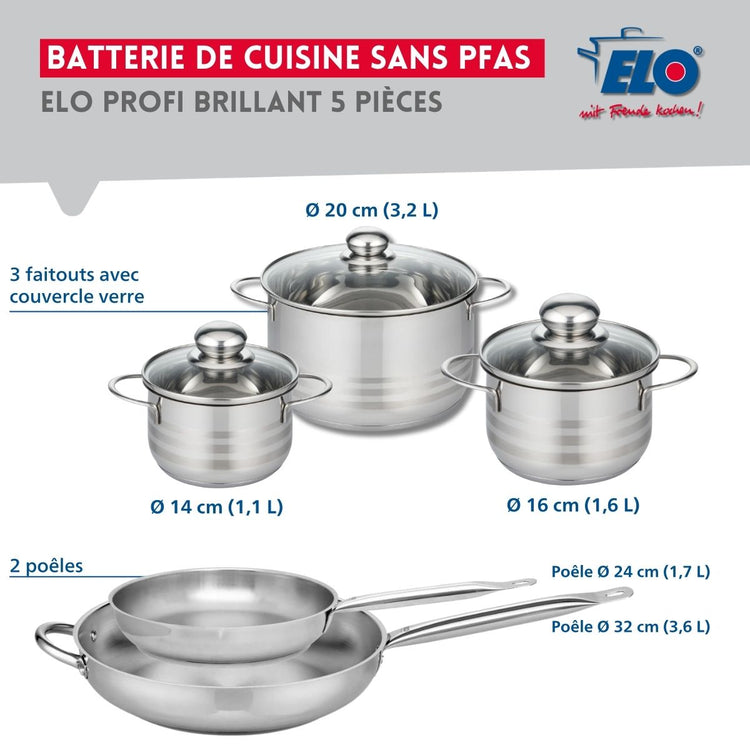 Ensemble de 2 Poêles de cuisson 24 et 32 cm et 3 faitouts 14, 16 et 20 cm Elo Profi Brillant