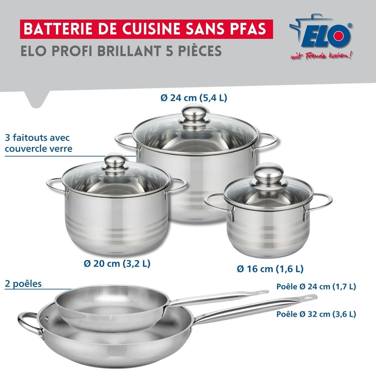 Ensemble de 2 Poêles de cuisson 24 et 32 cm et 3 faitouts 16, 20 et 24 cm Elo Profi Brillant