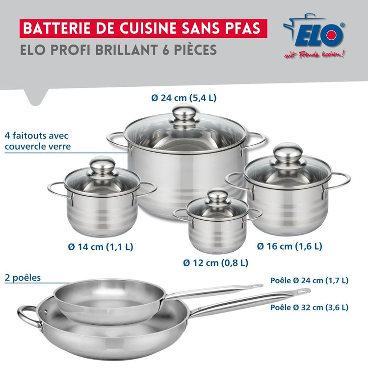 Ensemble de 2 Poêles de cuisson 24 et 32 cm et 4 faitouts 12, 14, 16 et 24 cm Elo Profi Brillant