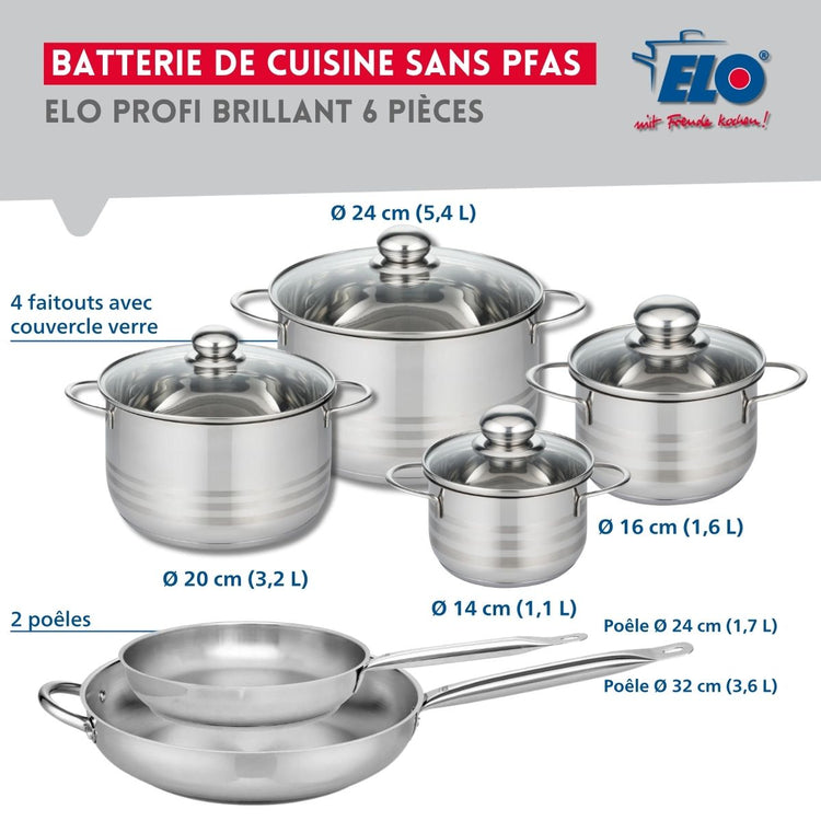 Ensemble de 2 Poêles de cuisson 24 et 32 cm et 4 faitouts 14, 16, 20 et 24 cm Elo Profi Brillant