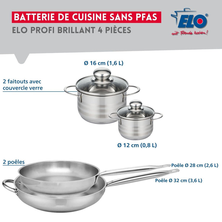 Ensemble de 2 Poêles de cuisson 28 et 32 cm et 2 faitouts 12 et 16 cm Elo Profi Brillant
