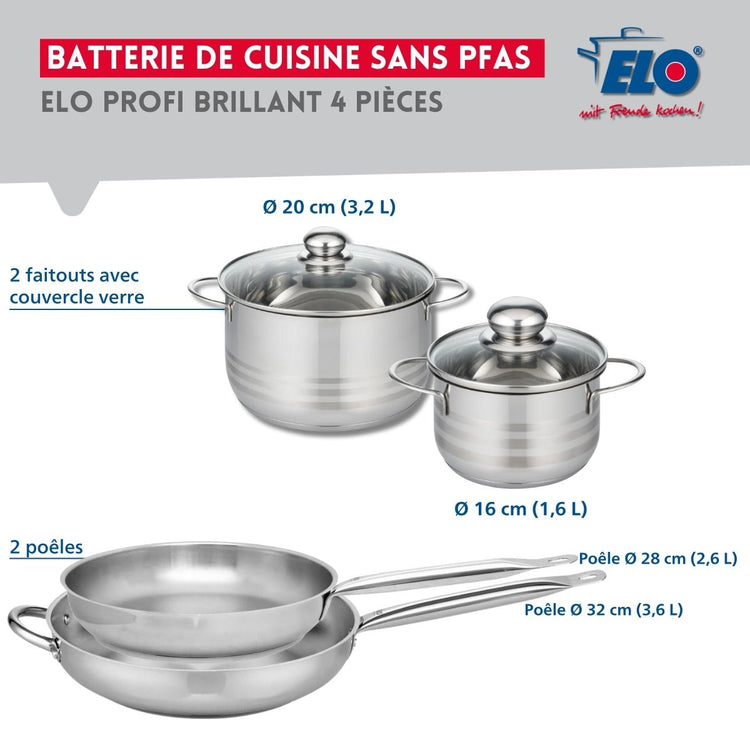 Ensemble de 2 Poêles de cuisson 28 et 32 cm et 2 faitouts 16 et 20 cm Elo Profi Brillant