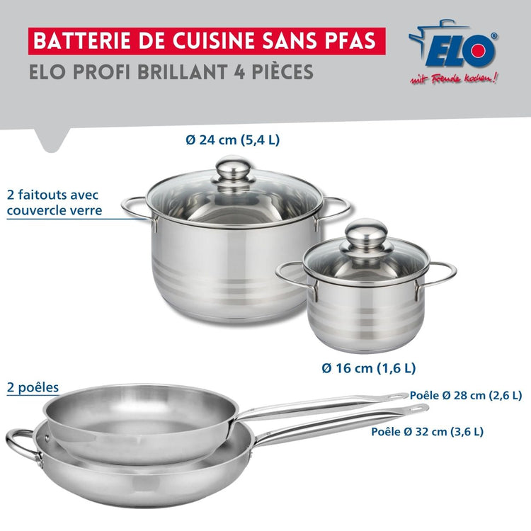 Ensemble de 2 Poêles de cuisson 28 et 32 cm et 2 faitouts 16 et 24 cm Elo Profi Brillant