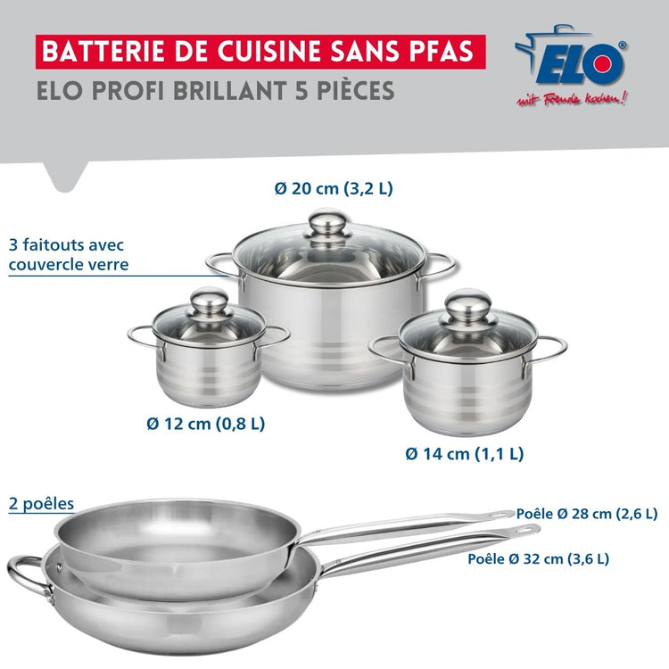 Ensemble de 2 Poêles de cuisson 28 et 32 cm et 3 faitouts 12, 14 et 20 cm Elo Profi Brillant