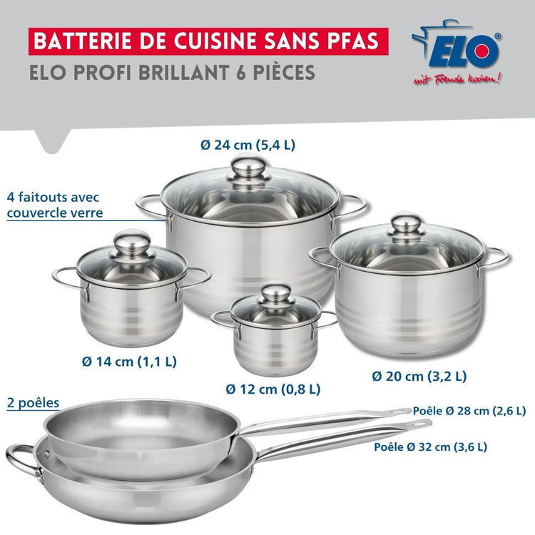 Ensemble de 2 Poêles de cuisson 28 et 32 cm et 4 faitouts 12, 14, 20 et 24 cm Elo Profi Brillant