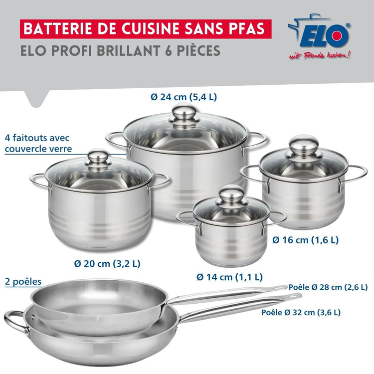 Ensemble de 2 Poêles de cuisson 28 et 32 cm et 4 faitouts 14, 16, 20 et 24 cm Elo Profi Brillant