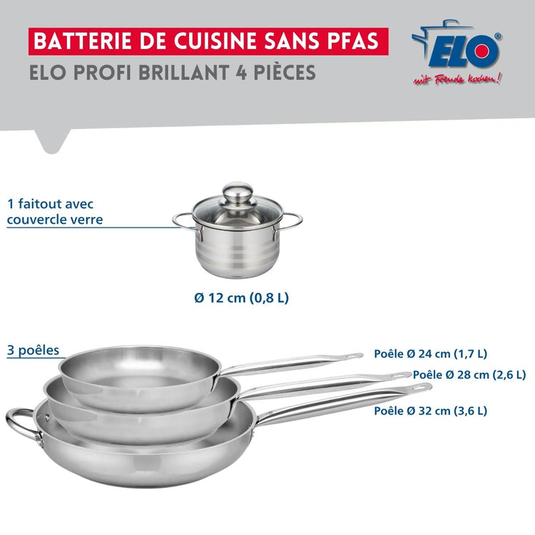 Ensemble de 3 Poêles de cuisson 24, 28 et 32 cm et 1 faitout 12 cm Elo Profi Brillant