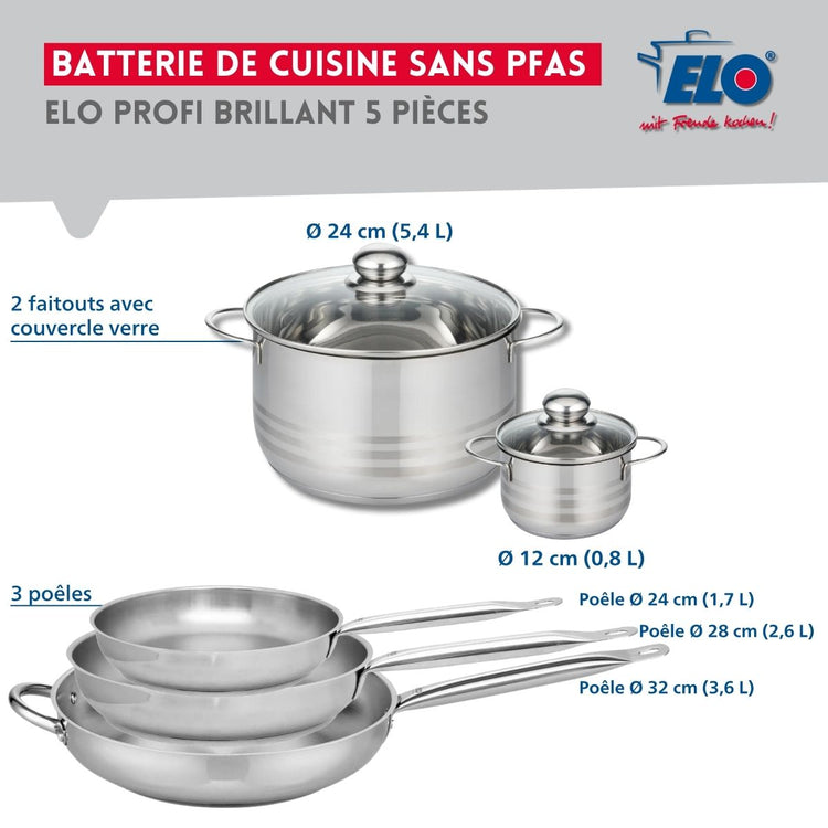 Ensemble de 3 Poêles de cuisson 24, 28 et 32 cm et 2 faitouts 12 et 24 cm Elo Profi Brillant