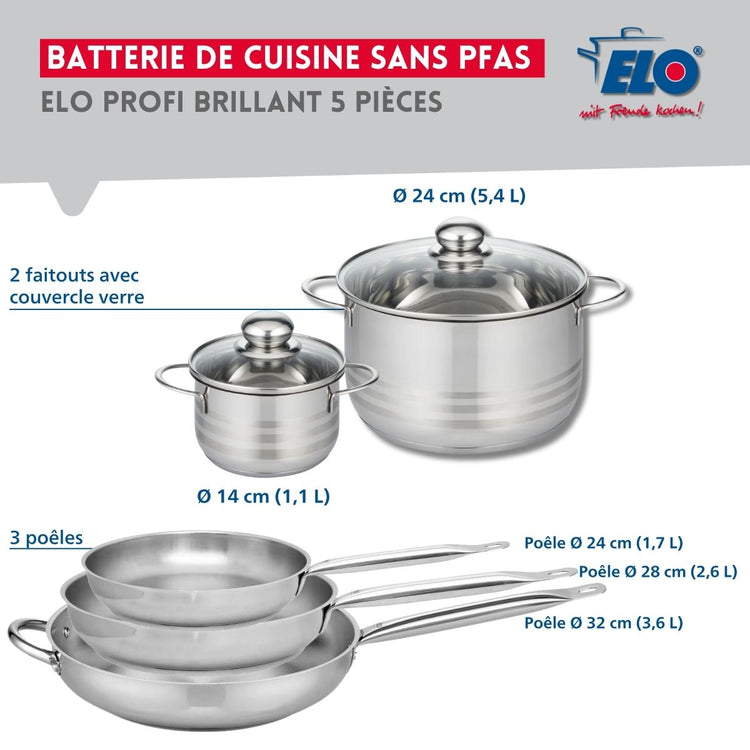 Ensemble de 3 Poêles de cuisson 24, 28 et 32 cm et 2 faitouts 14 et 24 cm Elo Profi Brillant