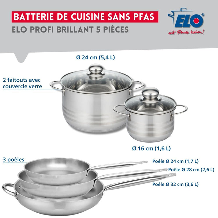 Ensemble de 3 Poêles de cuisson 24, 28 et 32 cm et 2 faitouts 16 et 24 cm Elo Profi Brillant