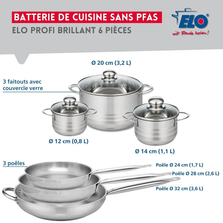 Ensemble de 3 Poêles de cuisson 24, 28 et 32 cm et 3 faitouts 12, 14 et 20 cm Elo Profi Brillant
