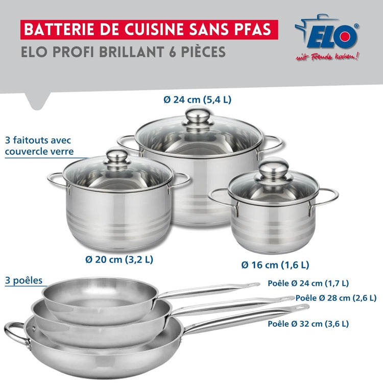 Ensemble de 3 Poêles de cuisson 24, 28 et 32 cm et 3 faitouts 16, 20 et 24 cm Elo Profi Brillant