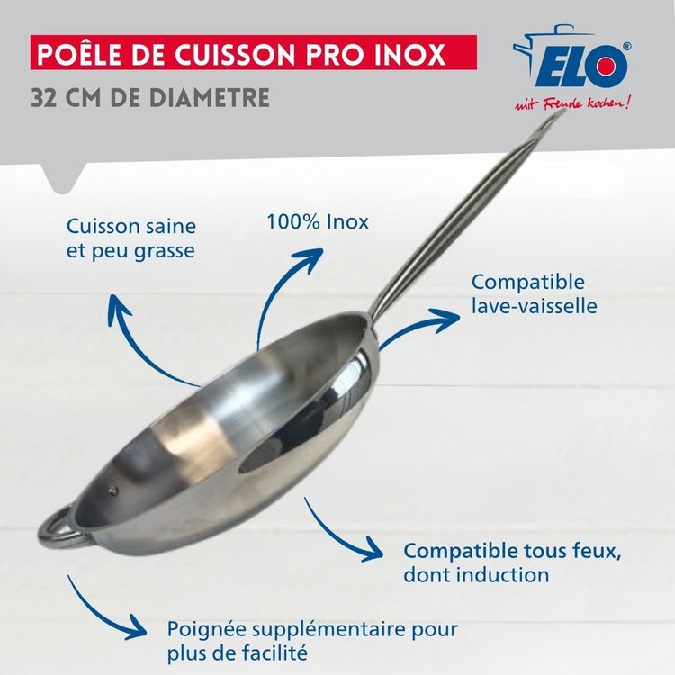 Lot de 3 poêles inox de 24 cm 28 cm et 32 cm Elo Profi Therm