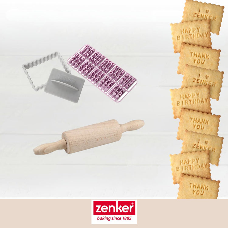 Tampon alphabet pour biscuit Zenker et mini rouleau à pâtisserie
