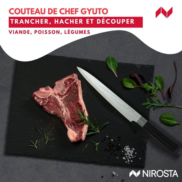 Coffret de 3 couteaux style Japonais en acier Santoku, Gyuto et Honesuki