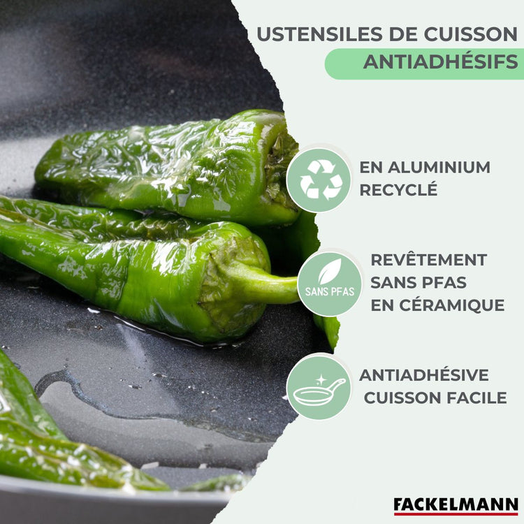 Lot de 2 poêles 16/20 cm et 3 casseroles 16/18/20 cm Fackelmann Brandao avec 5 ustensiles de cuisine