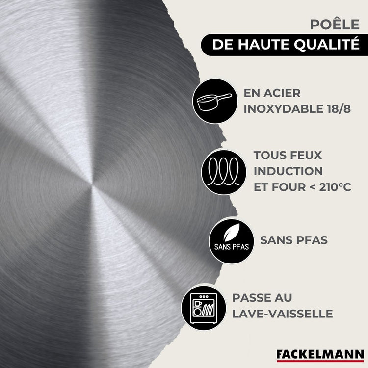 Set de 1 poêle de 28 cm en inox 1 couvercle en verre et 6 ustensiles Fackelmann Eterna