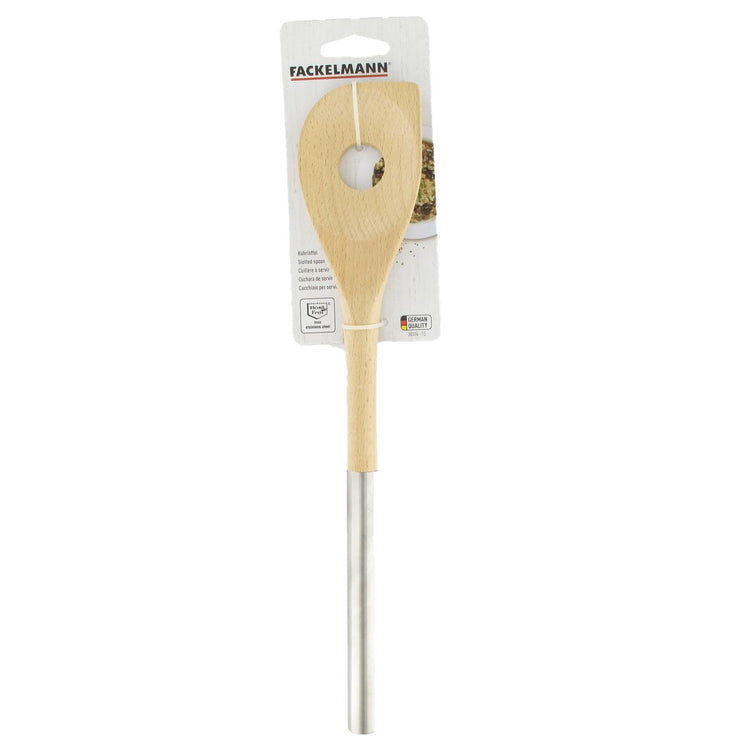 Ensemble de 2 Cuillères en bois biseautée avec un trou manche inox 34 cm Fackelmann Boissellerie