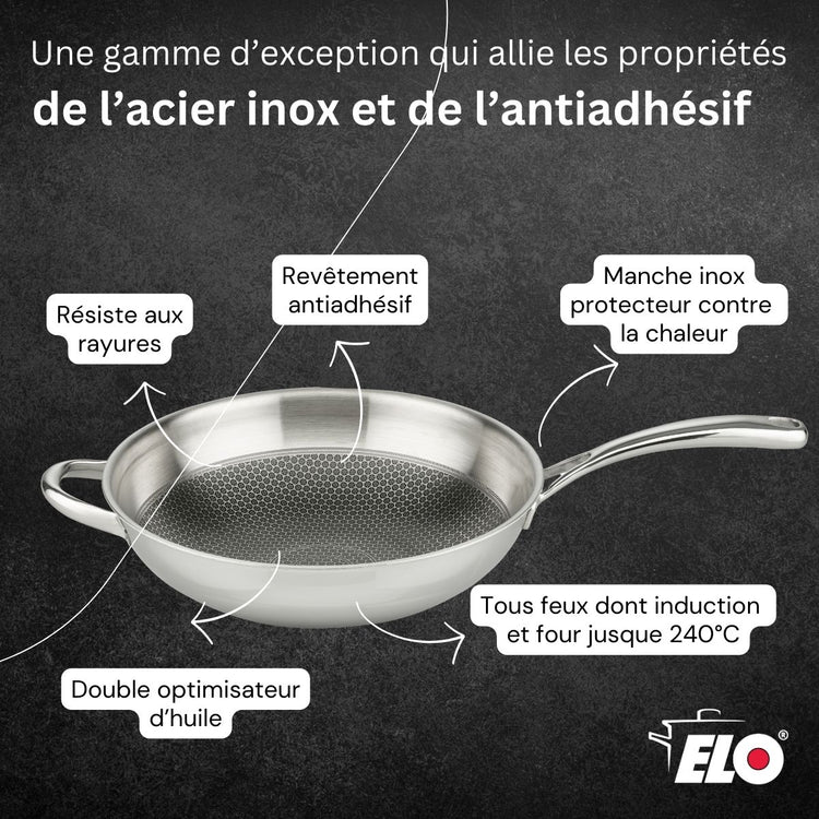 Poêle wok 30 cm en inox 18/10 Elo Relief Evolution