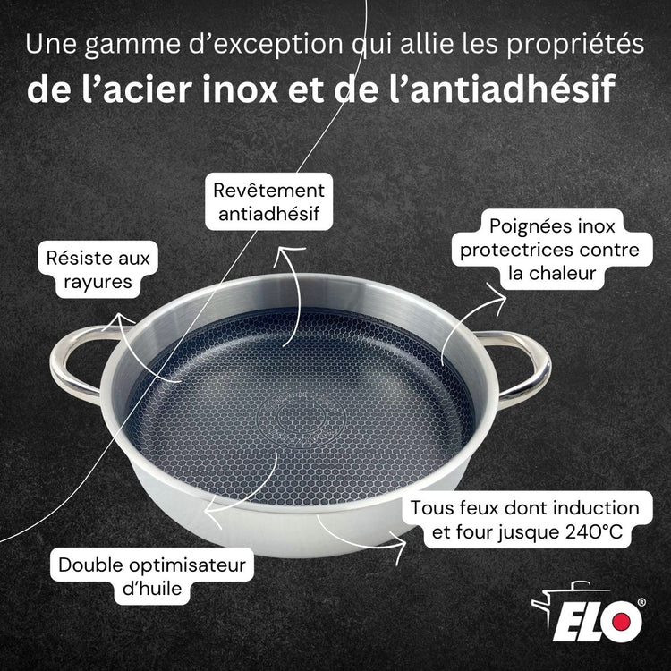Sautoir 28 cm en inox 18/10 avec couvercle Elo Relief Evolution