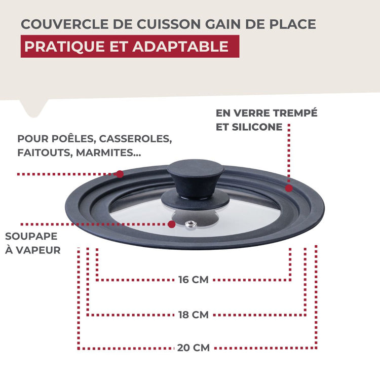 Couvercle de cuisson adaptable de 16 à 20 cm en verre et silicone Fackelmann