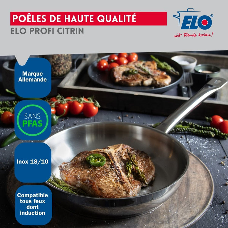 Ensemble de 3 Poêles de cuisson 24, 28 et 32 cm et 1 faitout 20 cm Elo Profi Brillant