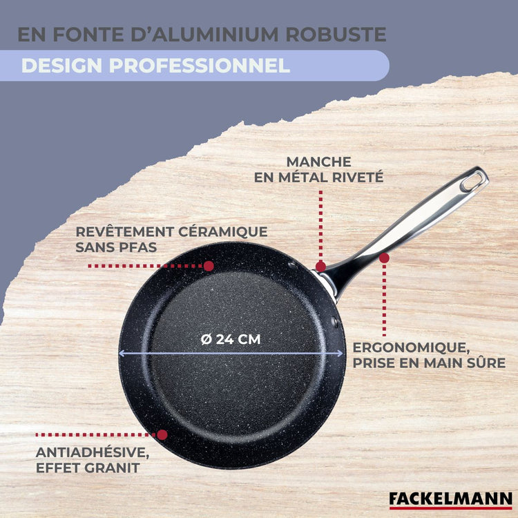 Poêle 24 cm fonte alu revêtement antiadhésif céramique sans PFAS Fackelmann