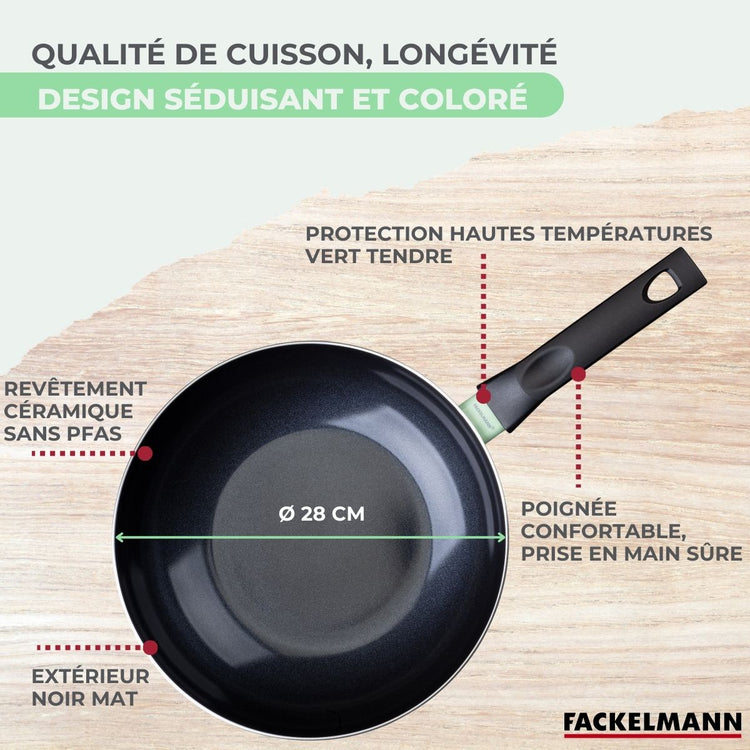 Wok 28 cm aluminium revêtement céramique antiadhésif sans PFAS Fackelmann Brandao