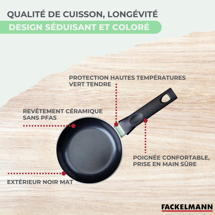 Batterie de cuisine avec 1 poêle 20 cm et 3 casseroles 16/18/20 cm sans PFAS et 5 ustensiles de cuisine Fackelmann Brandao Vario