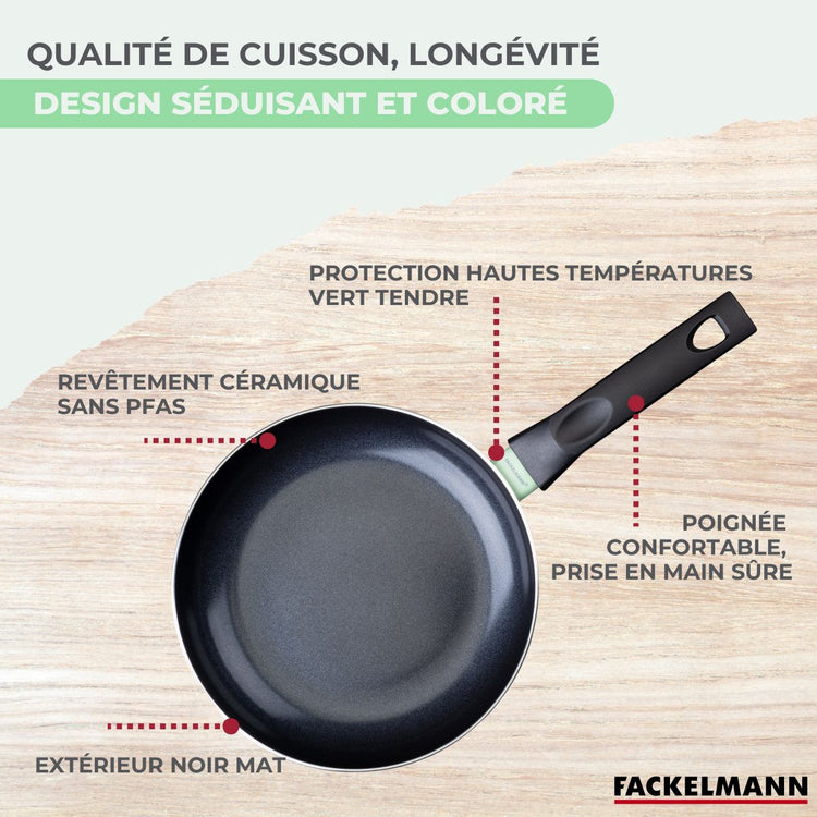 Set de 2 poêles 24 et 28 cm et 3 casseroles 16, 18 et 20 cm antiadhésives céramique et 6 ustensiles Fackelmann Brandao