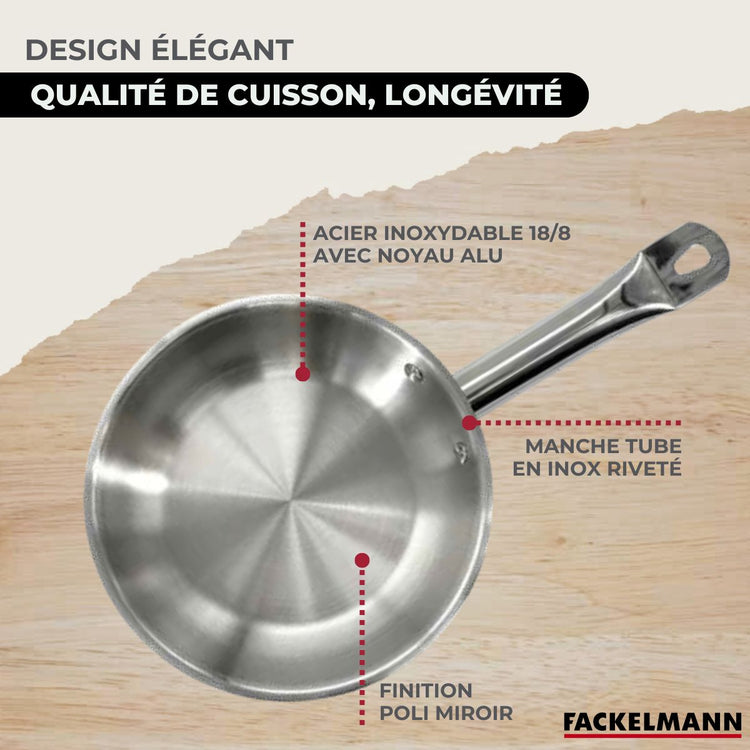 Set de 3 poêles de 20, 24 et 28 cm en inox et 6 ustensiles inox Fackelmann Eterna