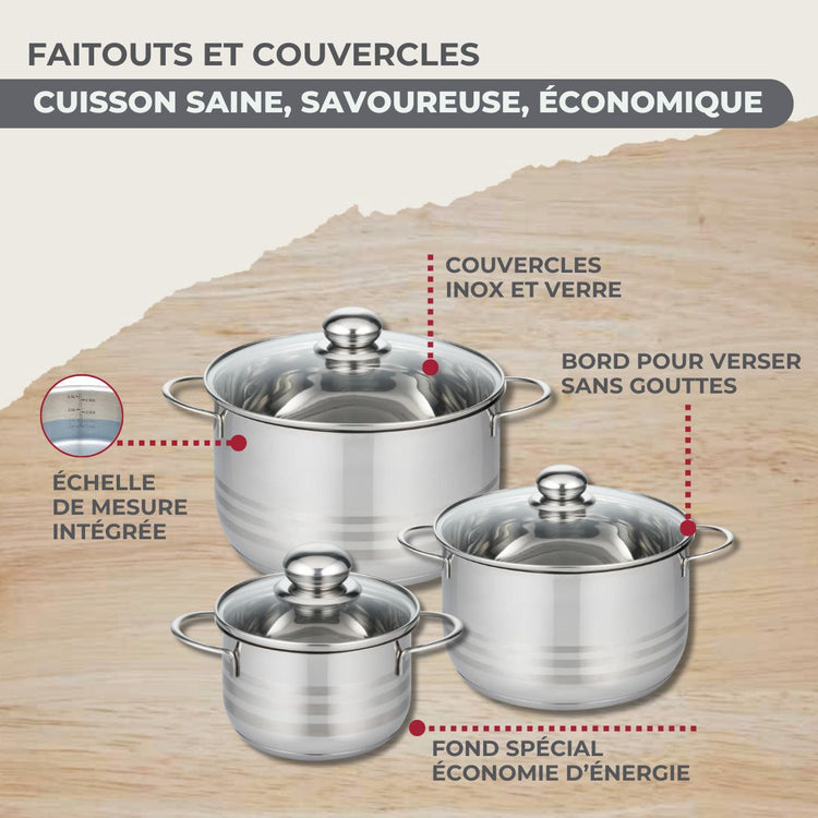 Set de 3 poêles 20, 24, 28 cm inox, couvercles verre, 3 faitouts inox 16, 20 et 24 cm et 6 ustensiles inox Fackelmann Geneva