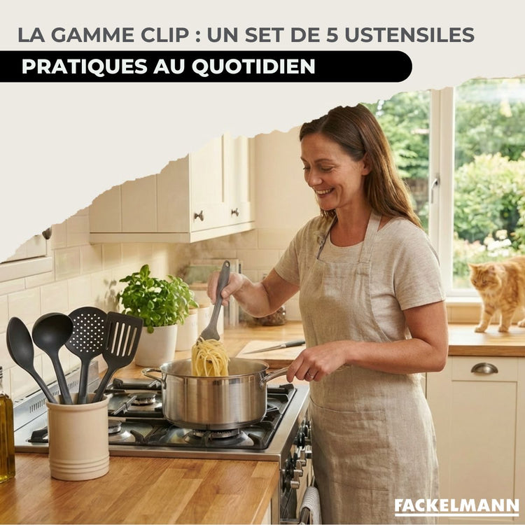 Batterie de cuisine avec 3 faitouts 16/20/24 cm et 2 poêles 20/24 cm et 5 ustensiles de cuisine Fackelmann Etherna Brillant Clip