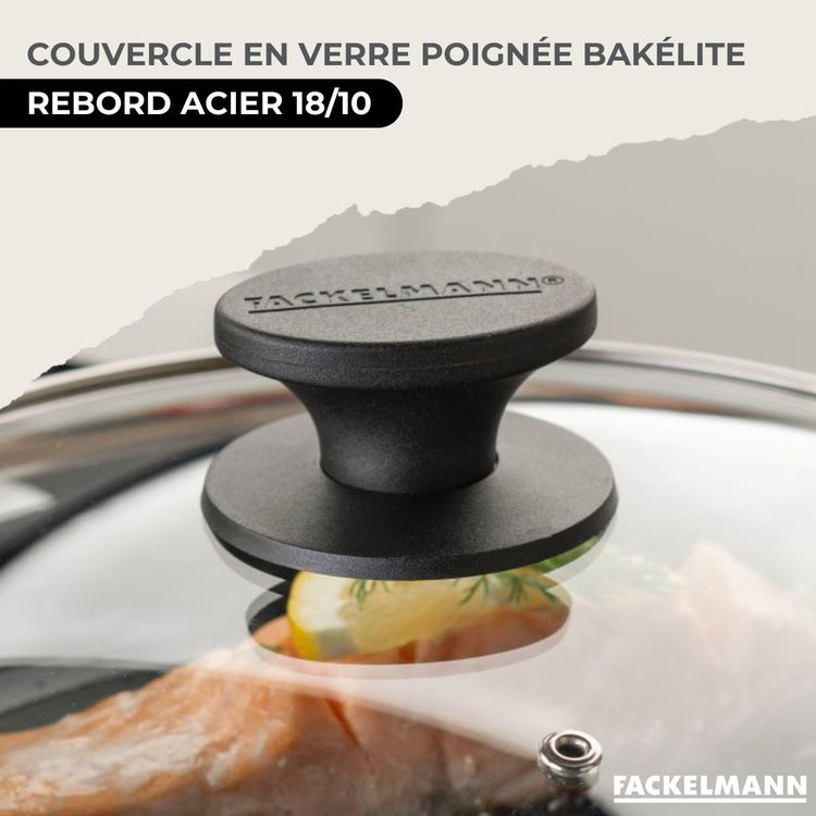 Batterie de cuisine avec 3 faitouts 16/20/24 cm et 1 poêle 20 cm avec 6 ustensiles de cuisine Fackelmann Généva Brillant Vario avec couvercles