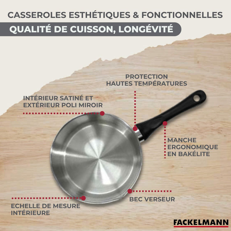 Lot 3 Faitouts 16/20/24cm & 3 Casseroles 12/16/20cm Fackelmann Geneva avec Poêle 24 cm et 5 ustensiles