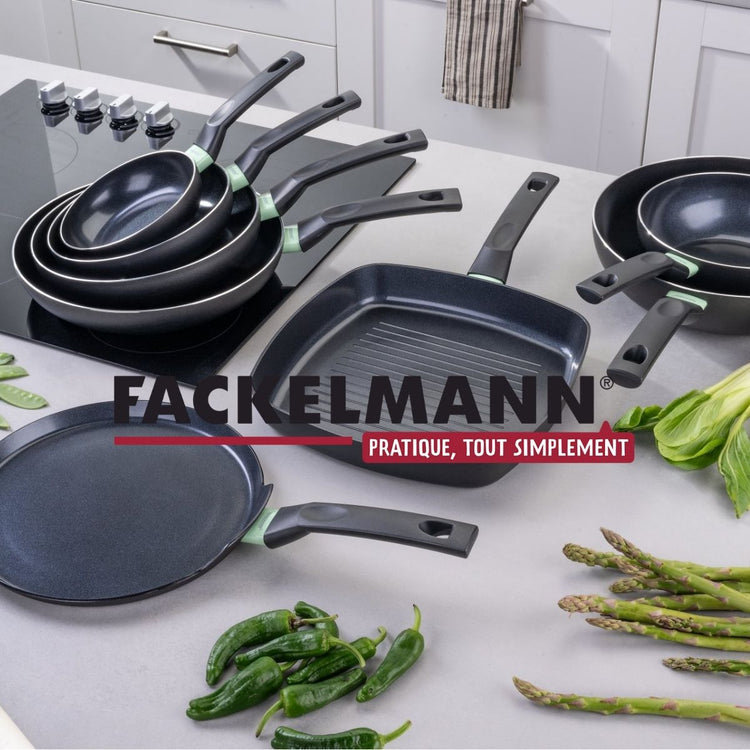 Set de 4 poêles 20 24 28 et 30 cm et 3 casseroles 16, 18 et 20 cm antiadhésives céramique et 6 ustensiles Fackelmann Brandao