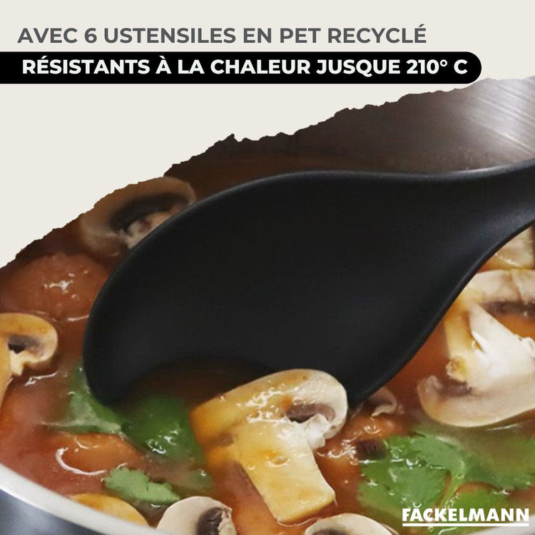 Set 3 poêles 20 24 28 cm 3 casseroles 12 16 20 cm, 3 faitouts 16, 20 et 24 cm en inox et 6 ustensiles RPET Fackelmann Geneva