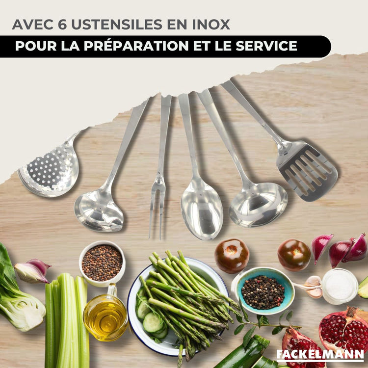 Set de 2 poêles 24, 28 cm inox, couvercles verre, 3 faitouts inox 16, 20 et 24 cm et 6 ustensiles inox Fackelmann Geneva