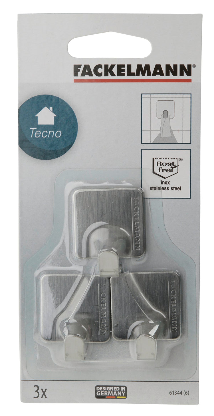 Lot de 3 crochets adhésifs carrés en acier inoxydable Fackelmann Tecno