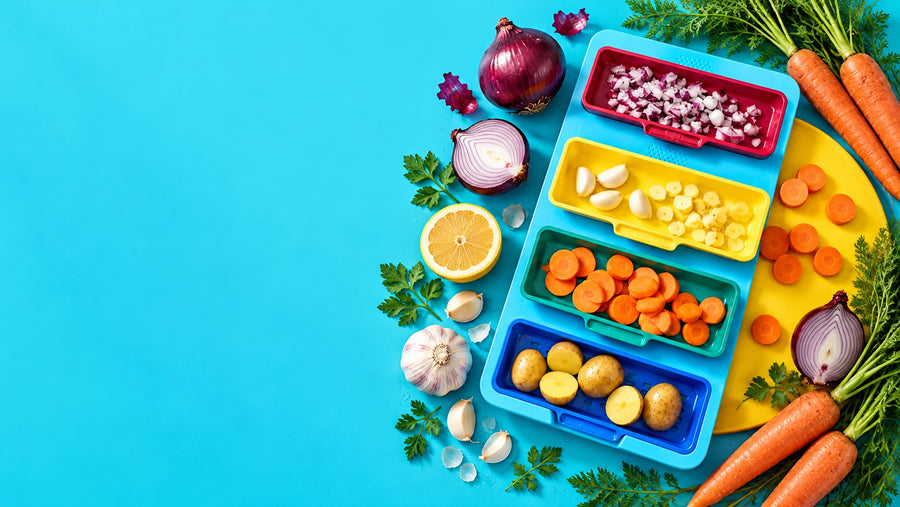 Planche de préparation Tasty avec bacs colorés, légumes et ingrédients frais