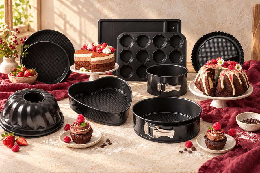 Moules et plaques à pâtisserie Zenker noirs, gâteaux décorés et fruits rouges