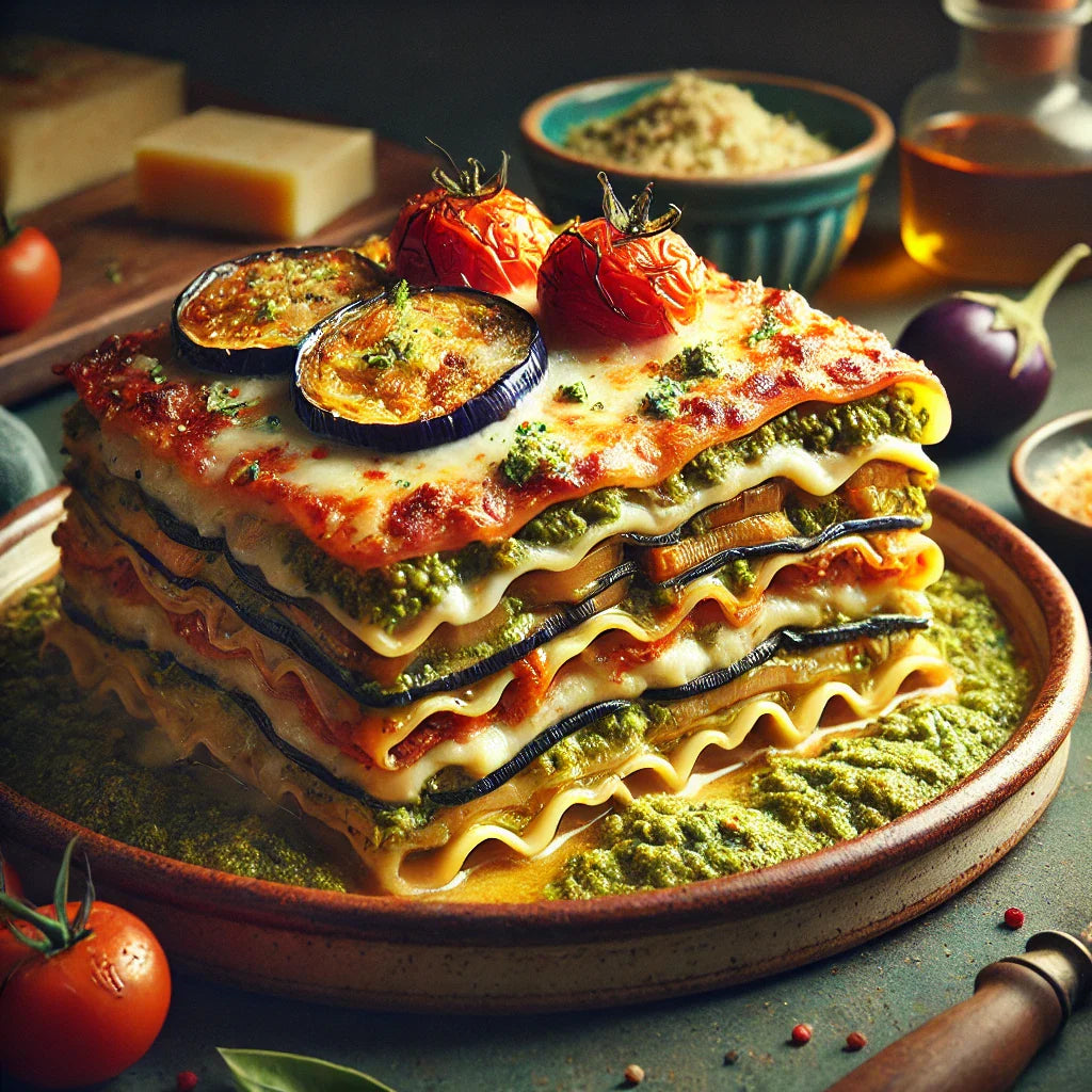 Lasagnes au pesto rustico basilic et olives avec aubergines