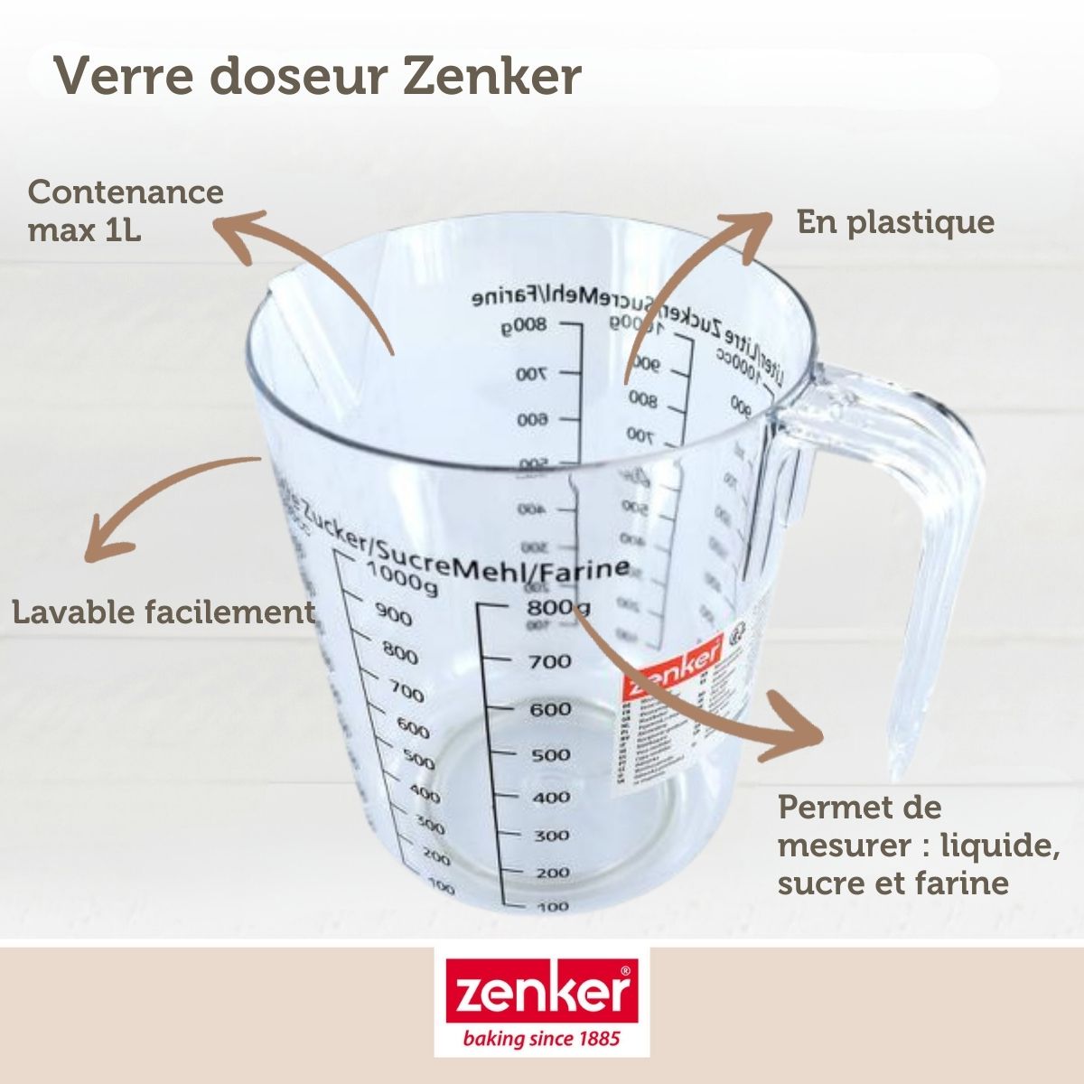 Verre doseur en plastique transparent gradué 1 litre Zenker