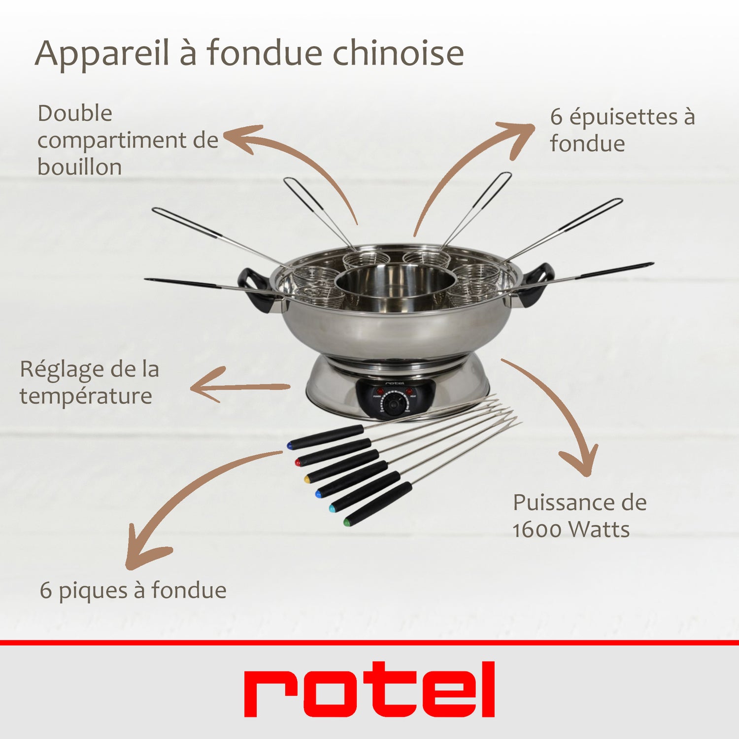 Appareil à fondue chinoise 2 compartiments avec fourchettes et passoires Rotel