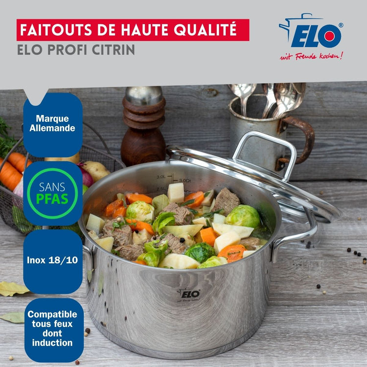 Ensemble de 3 Poêles de cuisson 24, 28 et 32 cm et 2 faitouts 20 et 26 cm Elo Profi Citrin