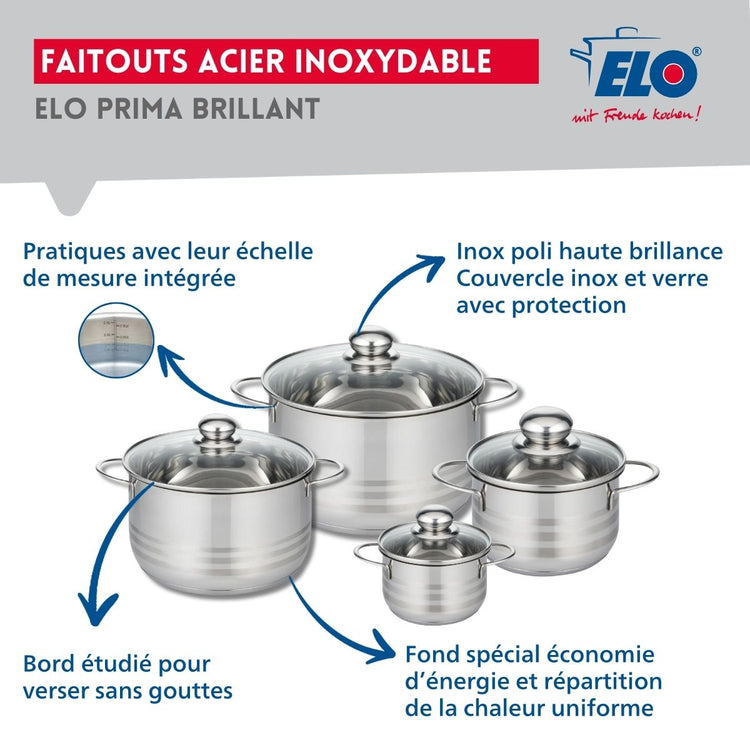 Ensemble de 2 Poêles de cuisson 24 et 28 cm et 4 faitouts 12, 16, 20 et 24 cm Elo Profi Brillant